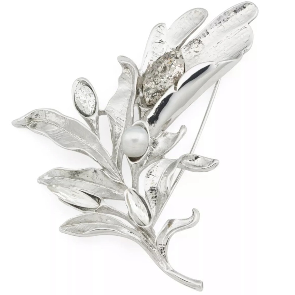 Badgley Mischka Silver Pearl Stone Leaf Pin Brooch
